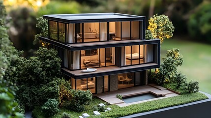 A meticulously crafted architectural model showcases a stunning three-story modern home with pool and lush landscaping at night.