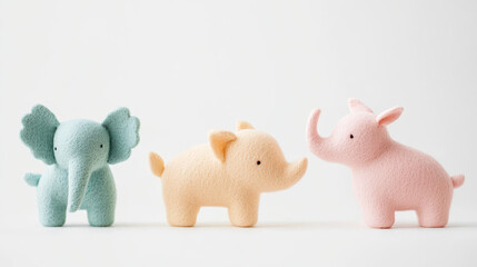 Handmade felt animal toys in soft pastel colors, featuring elephant, pig, and another elephant, create cozy and charming atmosphere for children playtime