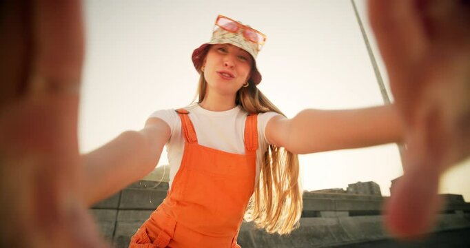 Selfie, influencer and frame with woman in city for social media, trendsetter and streaming. Post, profile picture and gen z with person and low angle for subscription, viral and photography