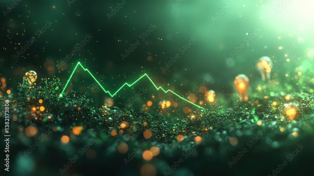 Poster a mystical green landscape with sparkling droplets and a fluctuating line graph, creating an enchant