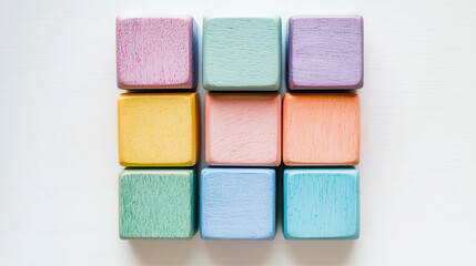 Minimalist toy blocks in pastel shades arranged in grid pattern create visually pleasing aesthetic. These colorful blocks are perfect for play and decoration, evoking sense of calm and creativity
