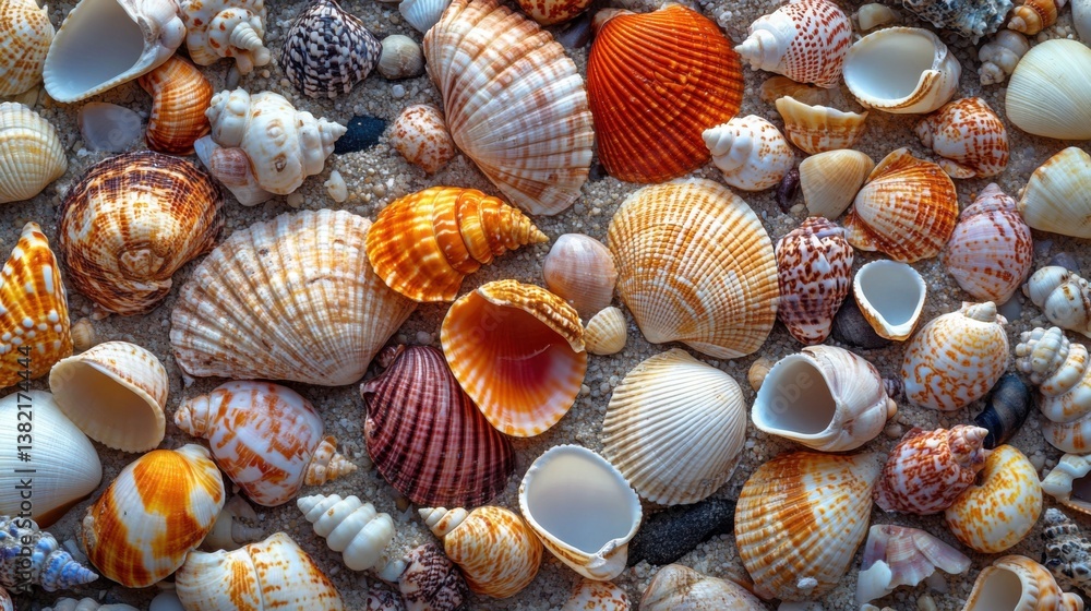Aufkleber a vibrant collection of various seashells scattered on a sandy surface, showcasing intricate pattern
