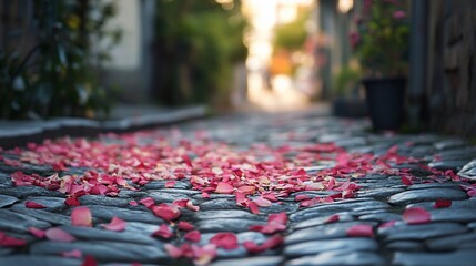 Romantic cobblestone path scattered with delicate rose petals, soft focus