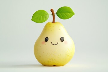 A cute cartoon pear with a smiling face and two green leaves on top.