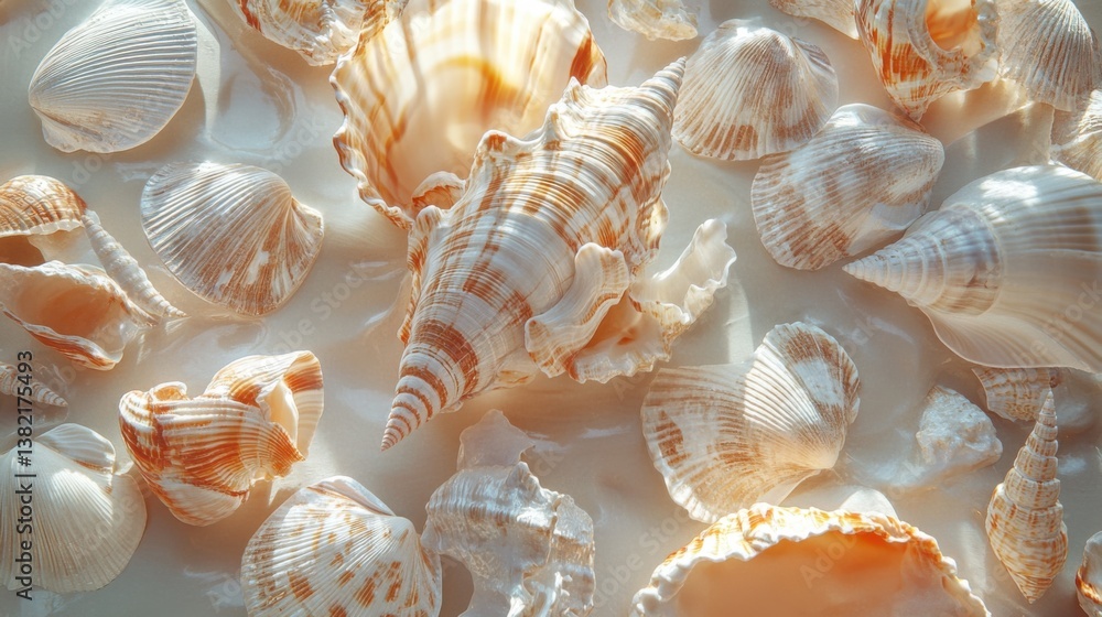 Poster a serene collection of various seashells, showcasing intricate patterns and colors, arranged beautif