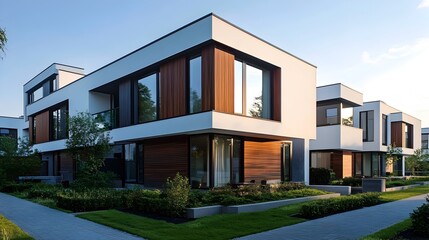 Modern minimalist luxury townhouses with clean lines and wood accents situated on a landscaped street showcasing contemporary architecture.