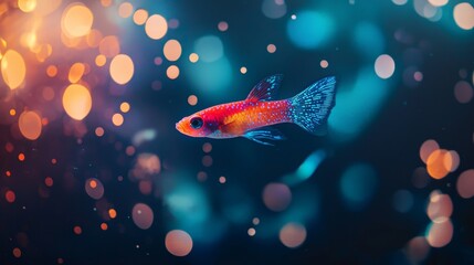 Obraz premium A vibrant red and blue fish, swimming gracefully through crystal-clear water, surrounded by softly glowing bioluminescent particles