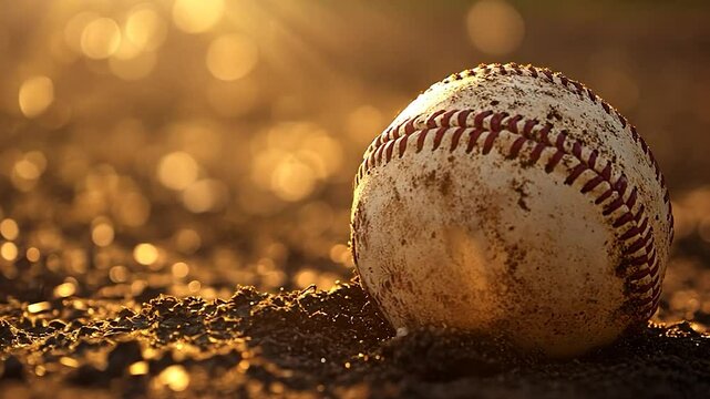 Baseball at sunset on dusty field