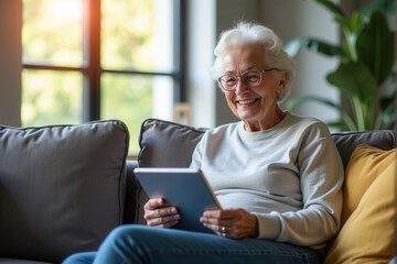 Smiling senior comfortably seated on a sofa at home, enjoying time using a digital tablet.
