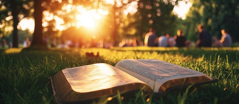 Open Book Resting in Grassy Park at Sunset: Tranquil Scene of Summer Evening