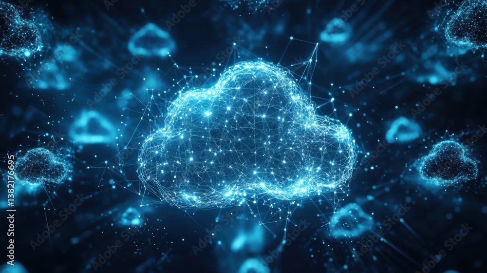 Poster a digital representation of interconnected cloud networks, showcasing vibrant blue nodes and lines t