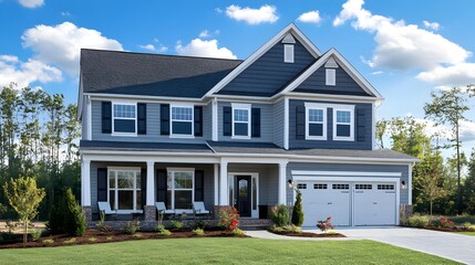 A stunning two-story gray house with white trim and a three-car garage sits on a lush green lawn under a bright blue sky.