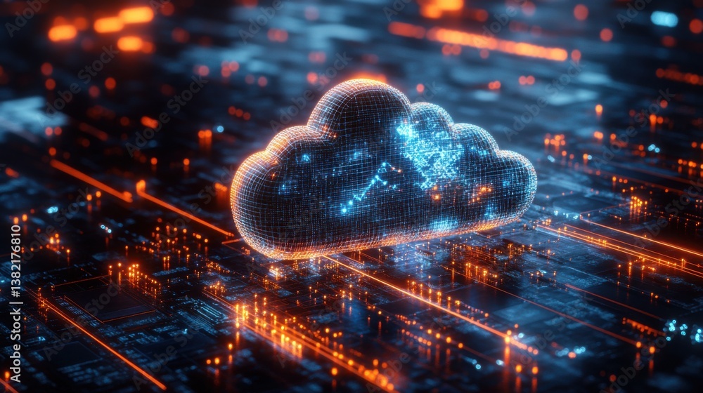 Poster a digital representation of a cloud surrounded by illuminated circuitry, symbolizing cloud computing