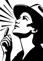 Woman with a hat on her head is pointing to the sky. The image is black and white and has a vintage feel to it. The woman's expression and the hat give the impression of a confident