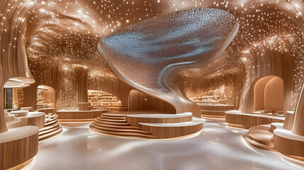 Luxurious wooden interior design, modern space, retail store, ambient lighting