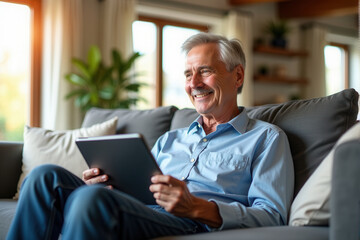 Fototapeta premium Smiling senior comfortably seated on a sofa at home, enjoying time using a digital tablet.
