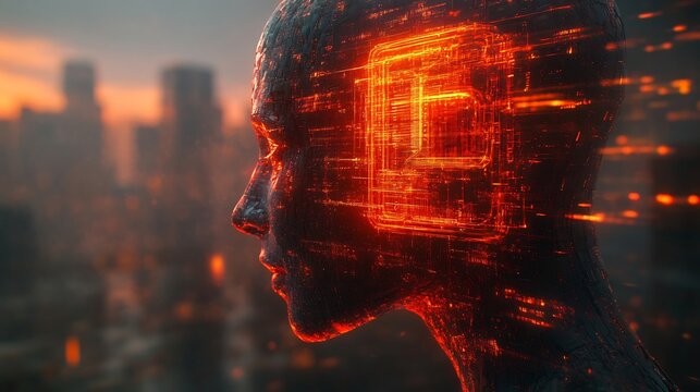Futuristic artificial intelligence head with glowing circuits and city view