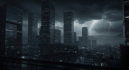 Stormy Night in the Metropolis: A Dark Cityscape Under a Thunderous Sky