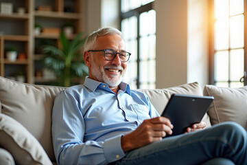 Fototapeta premium Smiling senior comfortably seated on a sofa at home, enjoying time using a digital tablet.