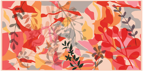 A lively  square repeat print, abstract composition filled with an assortment of colorful leaves and flowers, creating a visually striking pattern. © sandeep
