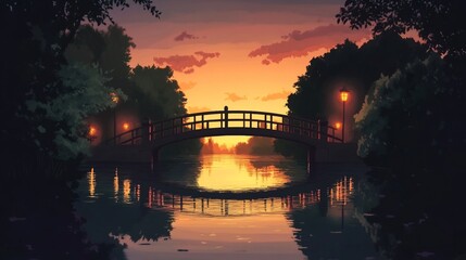 Fototapeta premium Painted serenity , Tranquil bridge scene under warm sunset hues