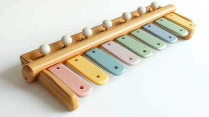 Fototapeta premium sleek wooden xylophone muted pastel shades, featuring smooth bars and rounded mallets, perfect for children play and musical exploration. This charming instrument adds playful touch to any space