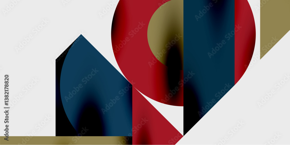 Poster abstract geometric shapes, red, gold, navy. overlapping forms create dynamic composition. minimalist