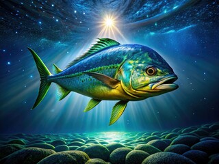 Night's embrace: a Dorado's golden flash against dark water, reflections dancing.