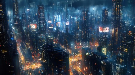 Futuristic cityscape at night with vibrant lights and towering skyscrapers