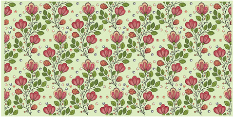 Lovely Seamless floral pattern with stylized red flowers, green leaves, and scattered dots on a white background, it could be used as a wallpaper, fabric design, pillow cover and curtains design