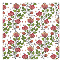 decorative repeat floral pattern with stylized red flowers, green leaves, and scattered dots on a white background, it could be used as a wallpaper, fabric design, pillow cover and curtains design