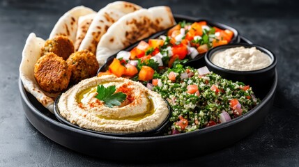 Delicious Plate of Fresh Pita Bread Served with Flavorful Dips and Herbs