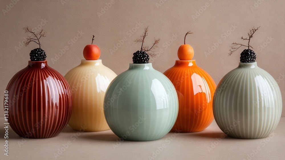 Poster a collection of colorful ceramic vases, each topped with a unique decorative element, creating a har