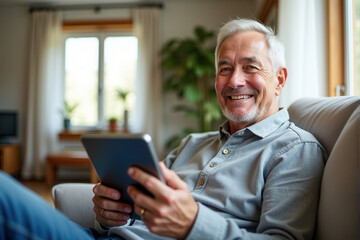 Obraz premium Smiling senior comfortably seated on a sofa at home, enjoying time using a digital tablet.