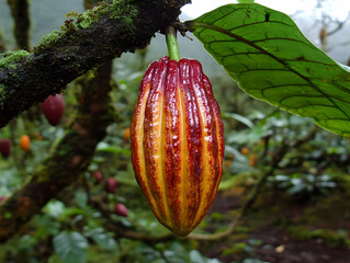 Ripe cacao pod on tree, rainforest background