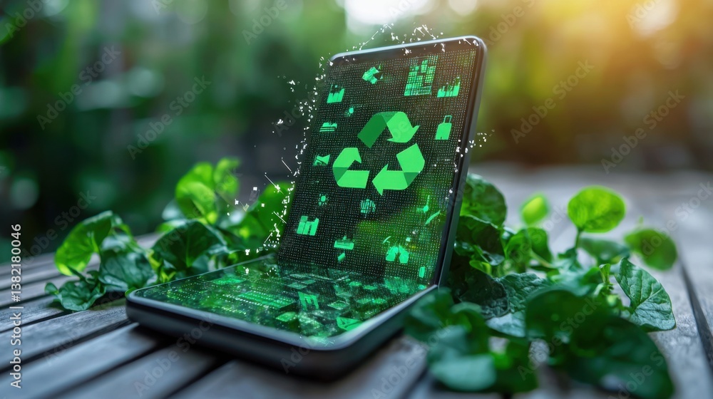Poster smartphone displaying a green recall alert representing an ar dashboard for waste reduction and cons