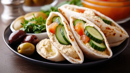 Delicious Mediterranean Plate with Pita Olives and Fresh Ingredients Served