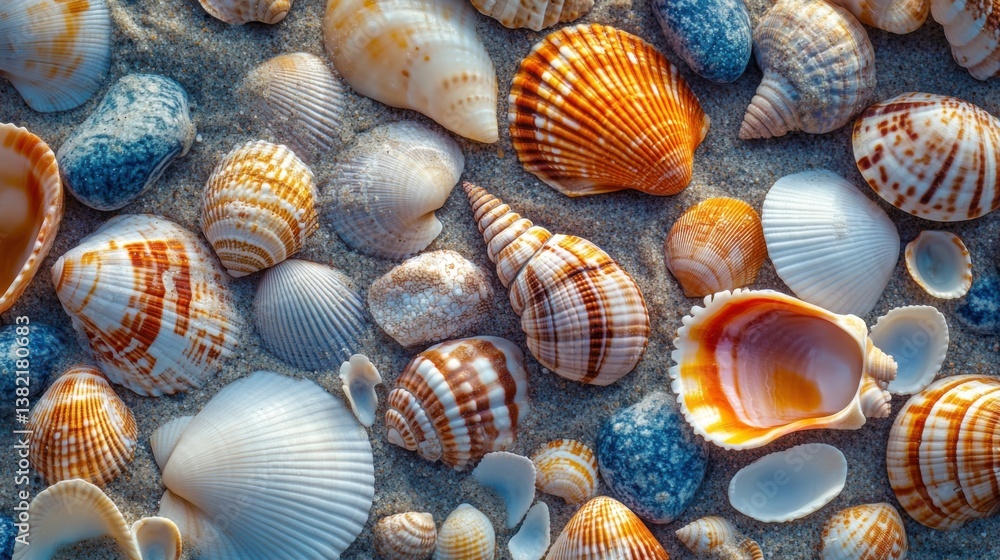 Poster a colorful collection of various seashells scattered on sandy beach, showcasing intricate patterns a