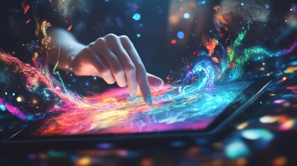 A young designer leans over her workspace, stylus in hand, crafting an intricate design in Photoshop