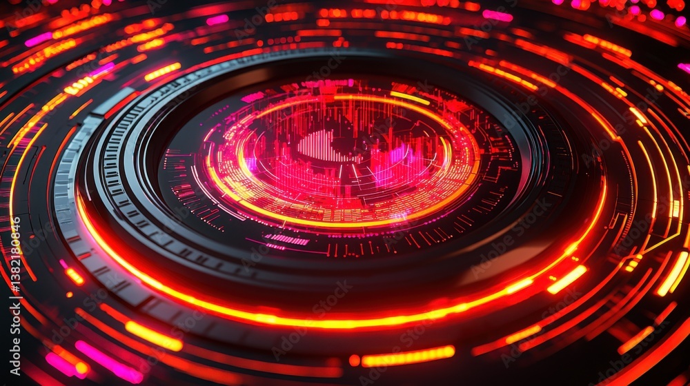 Poster circular object emitting red light in isometric style represents big data processing and advanced di