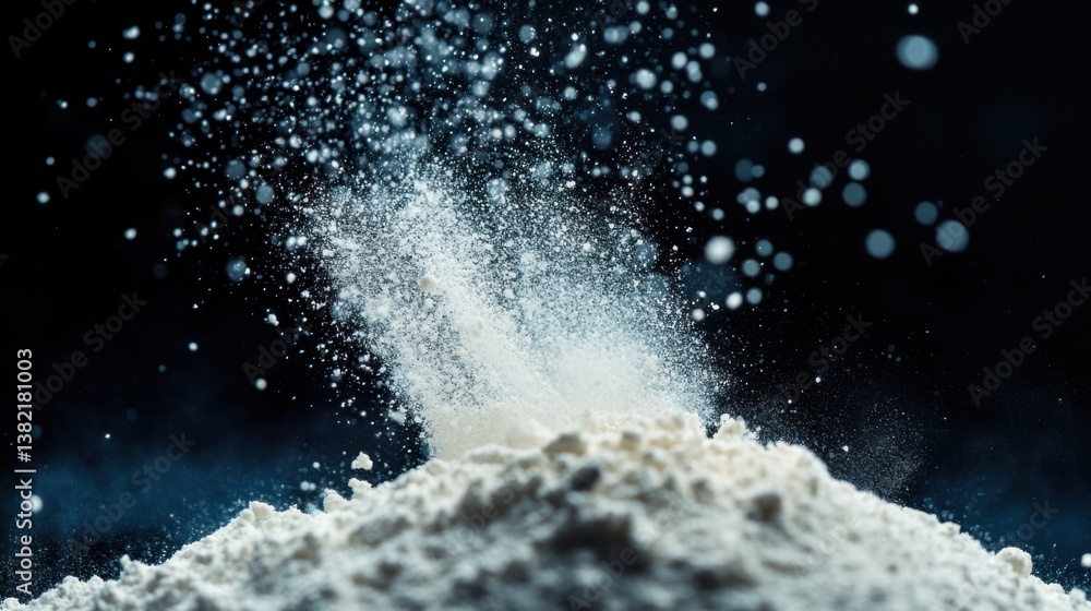 Poster a close-up of flour being dispersed into the air, creating a cloud-like effect against a dark backgr