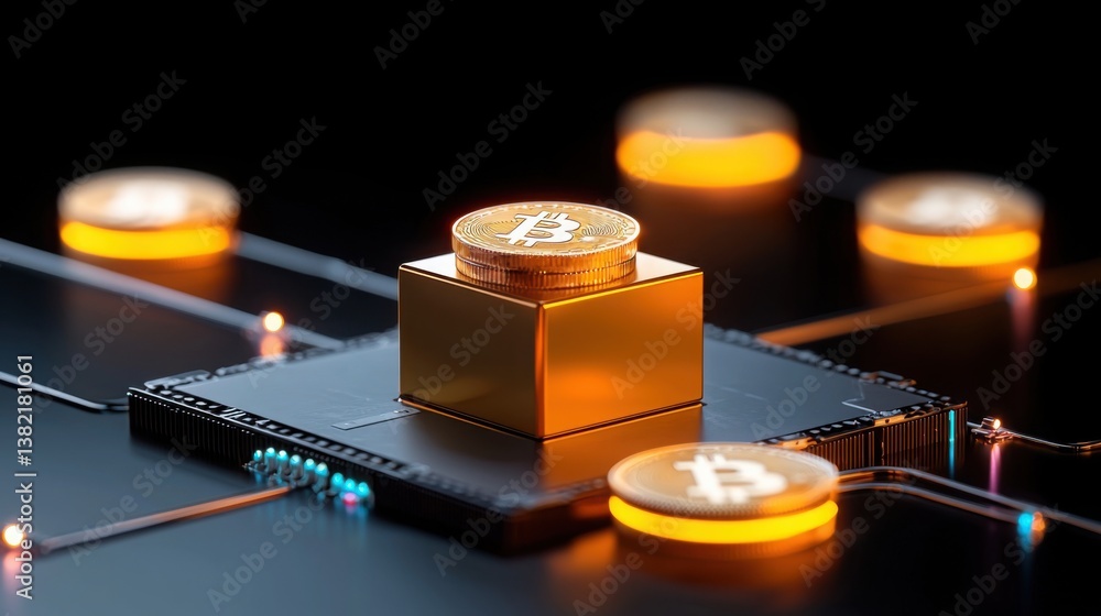 Poster glowing bitcoin on circuit board surrounded by cubes representing the future of finance in blockchai