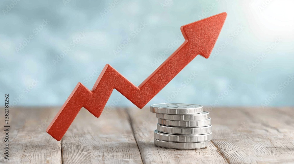 Poster dynamic red arrow rising over a stack of coins illustrating business growth and financial progress i