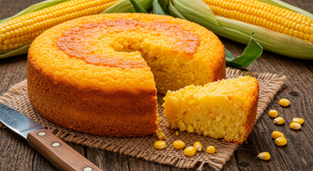Golden corn cake surrounded by fresh corn on the cob; a slice is cut, revealing the moist texture. The scene evokes rustic charm.