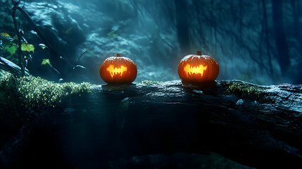 Spooky pumpkins Halloween forest night