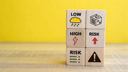 Risk level indicator rating print screen wooden cube block since low to high on yellow background for Risk management and assessment concepts