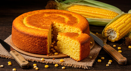 Golden cornbread cake on wooden board with corn cobs in the background. A hearty and delicious treat, perfect for any occasion.