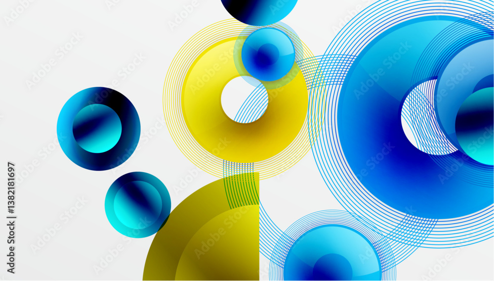Poster Abstract composition. Overlapping circles, rings, lines create dynamic visual effect. Blue, yellow hues dominate. Modern design. Minimalist aesthetic.