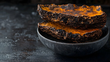 Dried Chaga mushrooms in bowl, dark background, health food