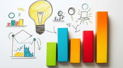 Colorful business growth bar chart with doodle illustrations of light bulb, graphs and workflow diagrams on white background. Concept of innovation, business strategy and idea development.
